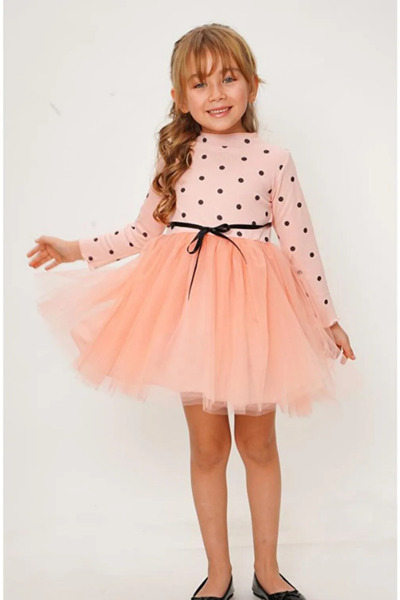 NOBLEKIDS Girl's Long Sleeve Polka Dot Tulle Skirt Dress Salmon