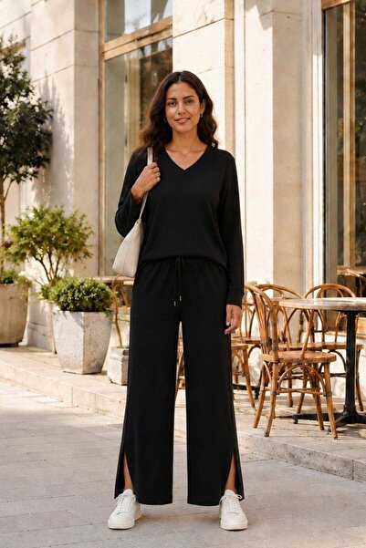Mossta Pants with Slit Cuffs and V-Neck Blouse Set - Black