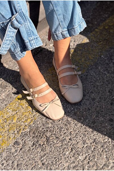 I Love Shoes حذاء باليه نسائي من الجلد الطبيعي باللون البيج غير اللامع من لوفيا