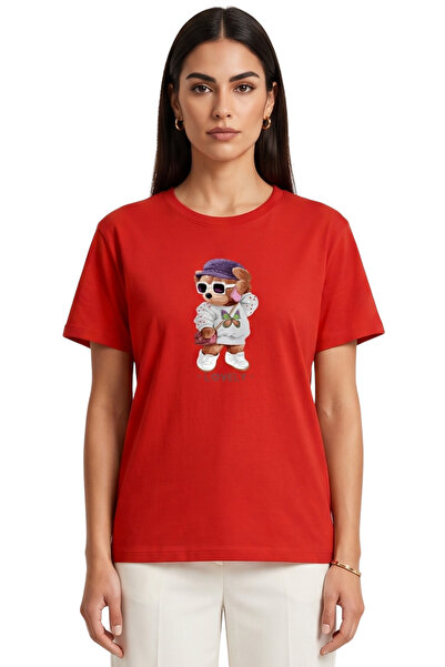 DK DAKSEL Women's Red Lovely Teddy Bear Printed T-Shirt 100% Cotton Comfortab...
