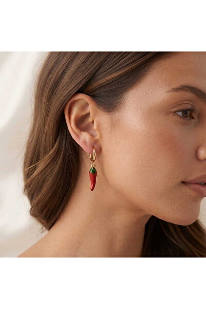 toptanhanem Mineli Red Pepper Figured Gold Plated Steel Hoop Earrings