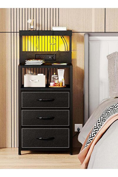 Generic Night Stand with LED Lights, Bedroom Nightstands with Power Outlet an...