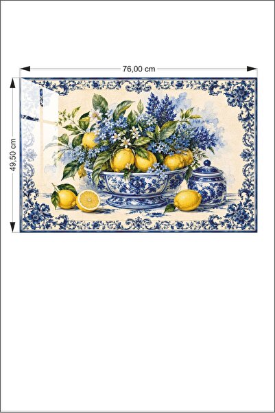 Decorita Cam Ocak Arkası Koruyucu | Mavi Çini Tabağı Limon Desenli | 49,5cm x 76cm