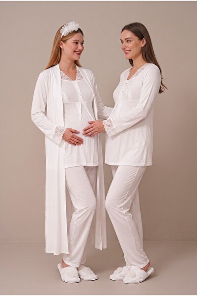 Pelin Women's Ecru Lace Buttoned Long Sleeve Maternity Pajama Set with Dressi...
