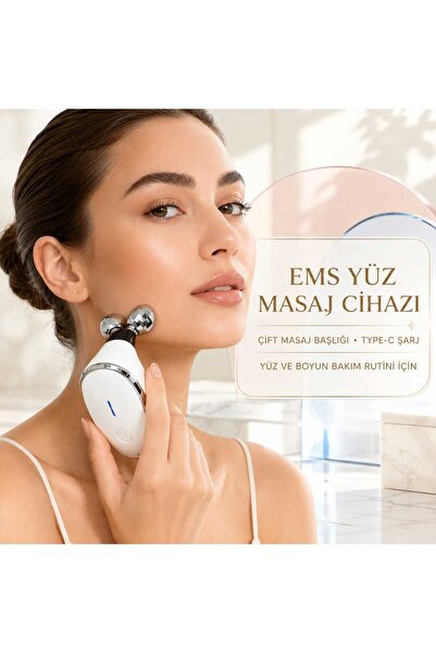 EMS Titreşimli Yüz ve Çene Hattı Masaj Cihazı – Çift Küreli, 360° Dönen Başlık, Type-C Şarjlı
