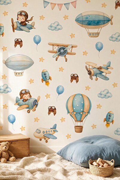 MSticker Çocuk Odası Duvar Sticker 103 Parça Uçak Pilot Balon Havacılık Temalı Duvar Çıkartması