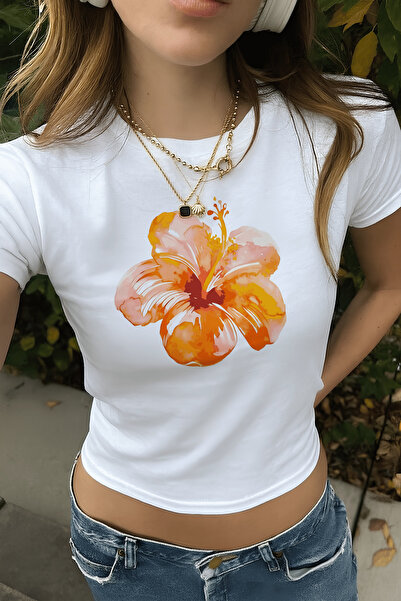designedfy Kadın Hibiscus Çiçek Baskılı Pamuklu Likralı Crop Beyaz