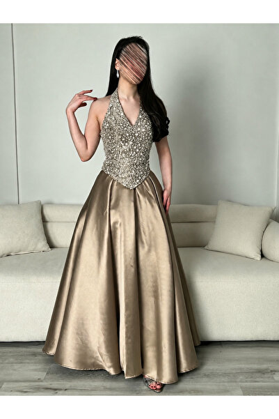Jood Long Evening Dress with Halter Neck, Beaded Top, and Flared Skirt