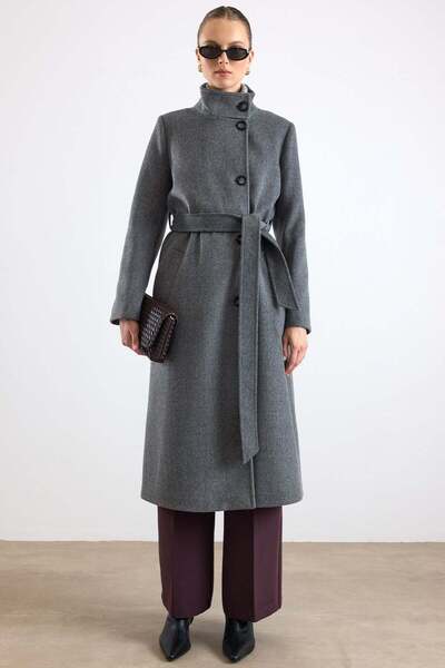 Olcay High Collar Double Breasted Long Coat Dark Gray 3176