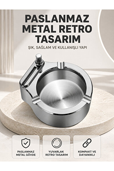 teknotrust Scrumieră premium cu brichetă, din metal inoxidabil, design rotund