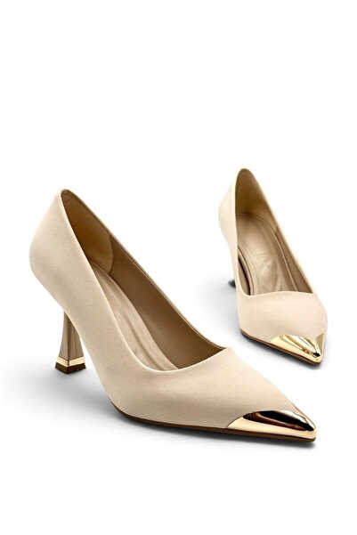 besoin shoes store Burnu Gold Metal Detailed Stiletto Beige