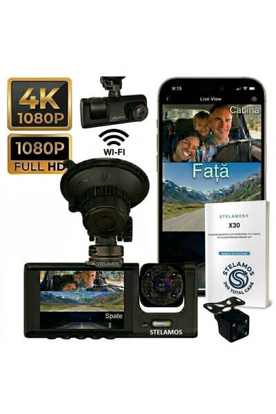 STELAMOS Cameră auto Wi-Fi cu 3 canale, 4K