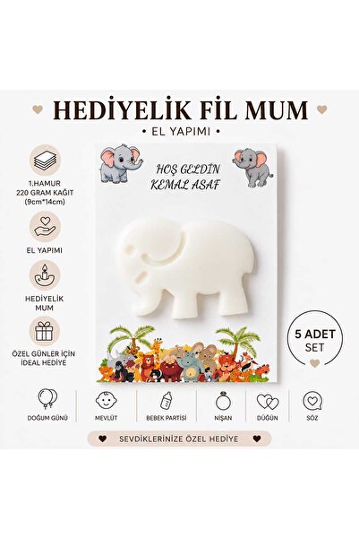 Kişiye Özel Doğum Günü ve Bebek Partisi İçin Fil Mum (5 Adet)