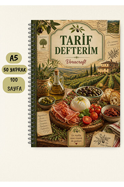 VORACRAFT Yemek Tarif Defteri, 50 Yaprak /100 Sayfa, A5 / Tel Spiral TRF0053