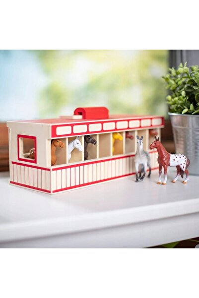 Melissa & Doug Set de grajd de cai din lemn pentru copii, cu figurine cai