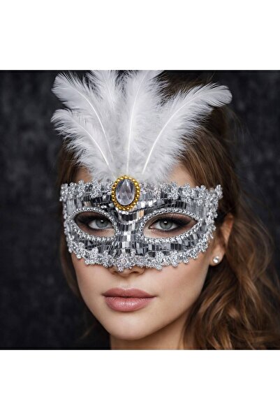 pınaxar Luxury Silver Feathered and Stoned Prom Mask