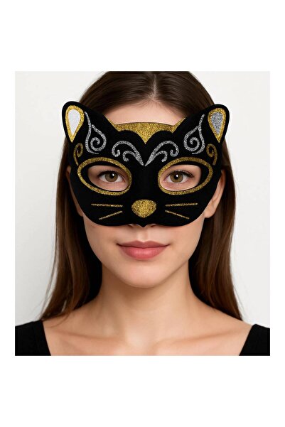 pınaxar Velvet Textured Glitter Detailed Sparkling Cat Mask Gold Silver 20X13 cm