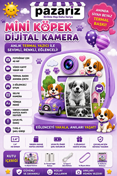 pazariz Çocuk Dijital Kamera Köpek Temalı Termal Yazıcılı 2.4 İnç Ekran Fotoğraf Video Selfie 3 Oyunlu Anında Baskı Makinesi Print Kamera Çift Kamera, Silikon Kılıf