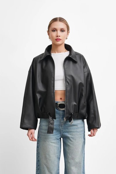 MANMARK New Women's Buckled Oversized Leather Jacket – Zippered Vintage Biker Coat