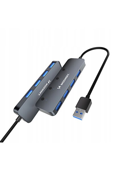 WOZINSKY Hub USB 3.0 cu 4 porturi USB-A, cu întrerupătoare LED, 30 cm, Gri