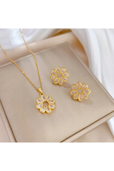 NO BRAND Set de bijuterii pentru femei: colier și cercei cu motiv floral, din...