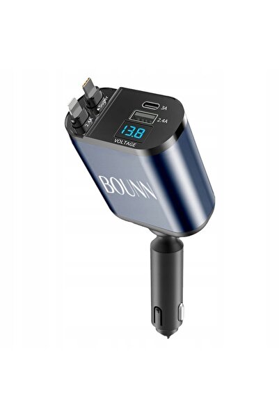 NO BRAND ÎNCĂRCĂTOR AUTO 2xUSB USB-C CABLU RETRACȚIONABIL LIGHTNING 0,8m 24V/12V
