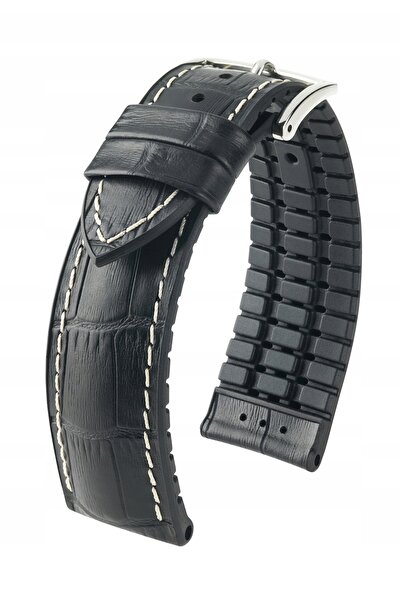NO BRAND HIRSCH George L - NEGRU/Negru - 24mm - Curea din piele și cauciuc pe...