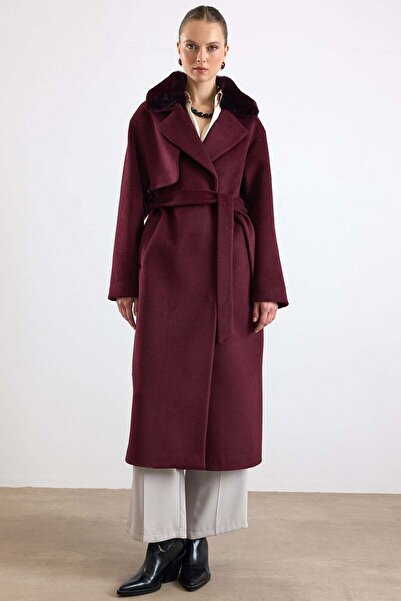 Olcay Oversize Detachable Fur Low-Sleeve Coat Mürdüm 3178