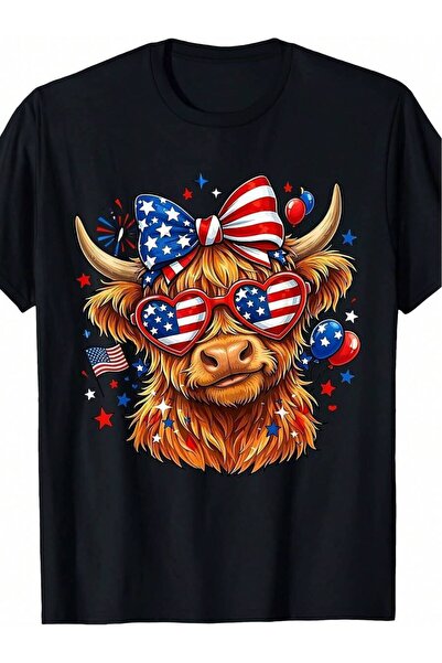25W Stylish T-Shirt With Patriotic Highland Cow Holding American Flag, Great ...