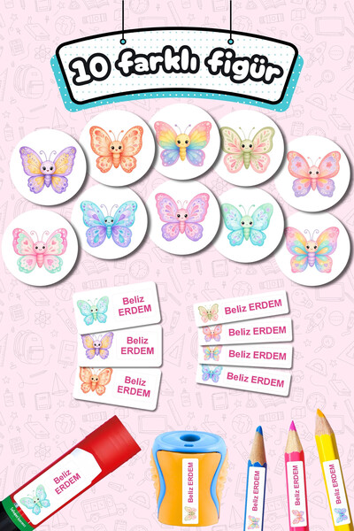 Sticker Ekspres Okul Etiketi Sevimli Kelebekler Kalem Defter Etiketi Özel İsim Yazılabilen Etiket 245 Adet İsim Etiketi
