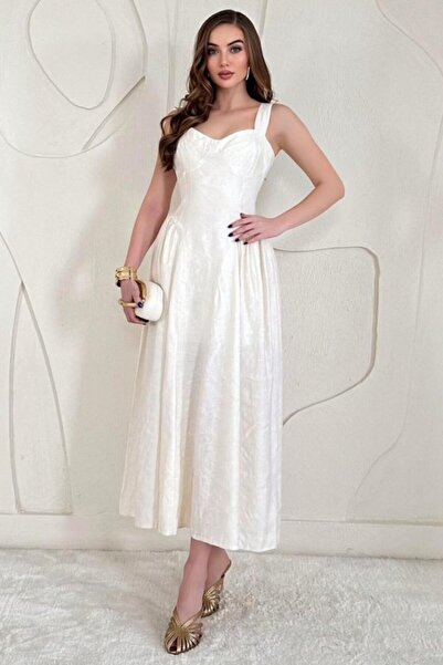 ELBEE Beige Flared Dress with Chest Straps