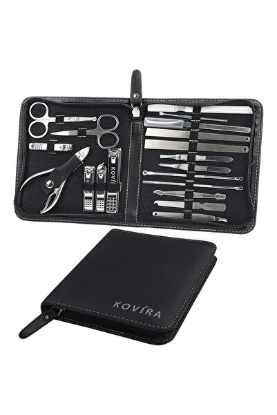 Kovira Set de manichiură și pedichiură Kovira, 19 piese din oțel inoxidabil, kit pentru îngrijirea unghiilor și a feței, - husă de depozitare din piele, 16 x 2.6 x 14.2 cm, Negru