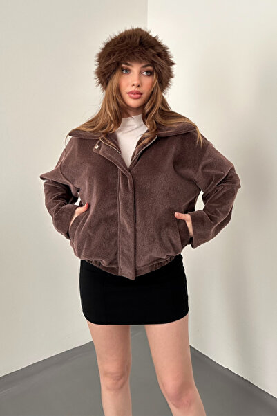 Generic Brand Brown Pocket Detailed Furry Bomber Jacket