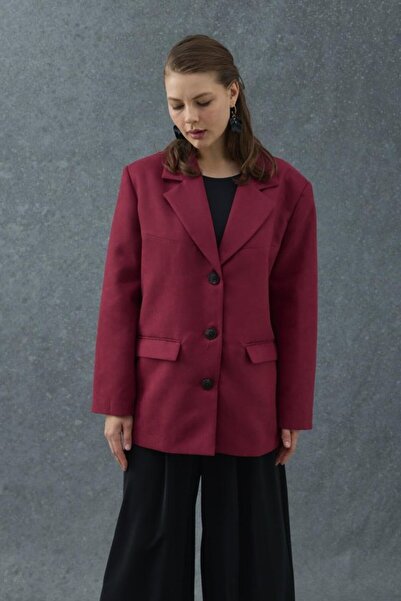 ELBEE Burgundy blazer suede jacket with pocket detail