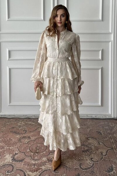 Generic Brand Beige Tiered Dress with Ruffles and Stripes