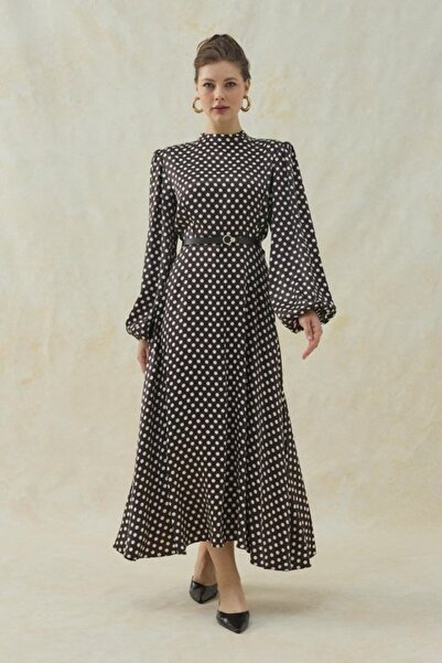 ELBEE Brown Polka Dot Detailed Belted Dress