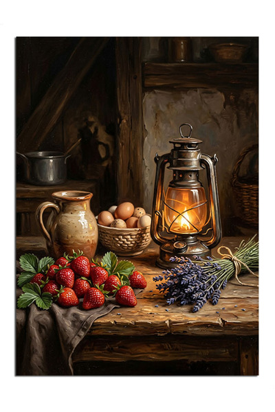 Artmeg Canvas decorativ cu natură moartă cu căpșuni și lampă cu gaz - Masă di...