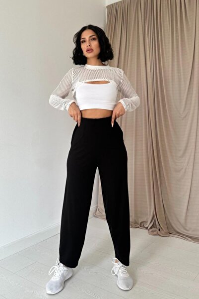 Elbee Fashion Woman Black pencil pants with elastic detail