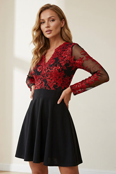 OEM Rochie elegantă de damă cu decolteu în V, mâneci lungi din tul transparen...
