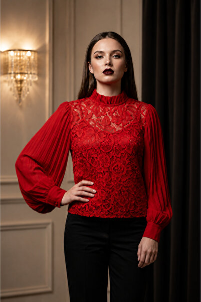 OEM Bluză de damă din dantelă cu mâneci lungi plisate și guler înalt, A-85