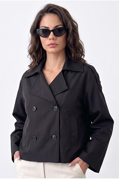 ALFUDO Moda Collection Basic Buttoned Double-Breasted Collar Black Trench Coat
