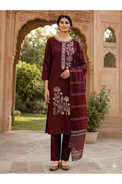 MYSMAR Maroon Ethnic Embroidered Kurta Trouser Set - VVB1007 | Maroon-Size:L-...
