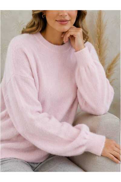 BELLA VESTE ATELİER Women's Crew Neck Washed Balloon Sleeve Knit Sweater - Comfortable Fit Daily Stylish Basic Sweater