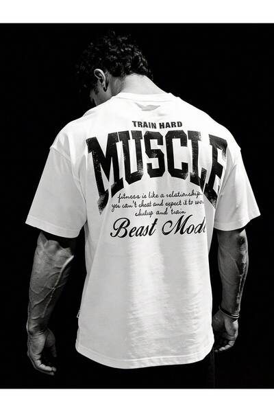 ZAVIXO Oversize Muscle Baskılı T-Shirt Train Hard Fitness Gym Büyük Sırt Bask...