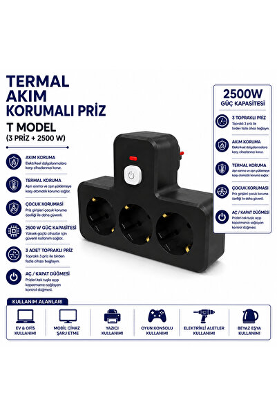 AŞIK STORE Termal Akım Korumalı T Model 3’lü Topraklı Priz 2500W Aç Kapat Düğ...