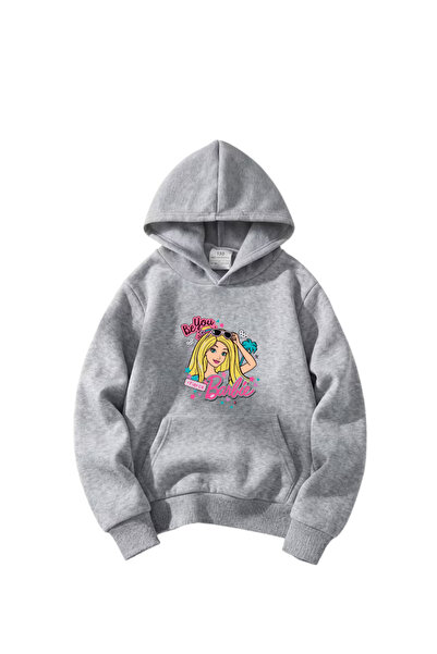 haha Oversize Hooded Barbie Printed Sweatshirt for Girls