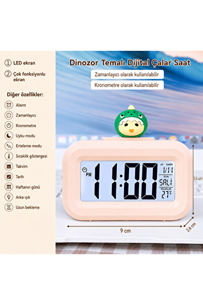 silabor Dinozor Dijital Çalar Saat – LED Ekranlı, Çok Fonksiyonlu, Zamanlayıc...