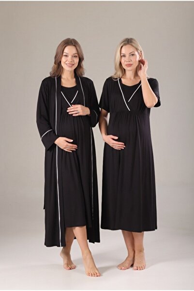 LOHOUSE Women's Black Double-Breasted Lapel Nightgown Set with Nursing Detail...