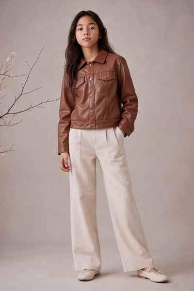 ESİLA KİDS Girl's Faux Leather Buttoned Jacket Casual and Stylish Seasonal Coat