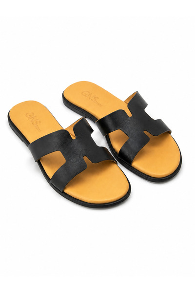 GNS Shoes Helen Yellow Black Genuine Leather Women's Slippers